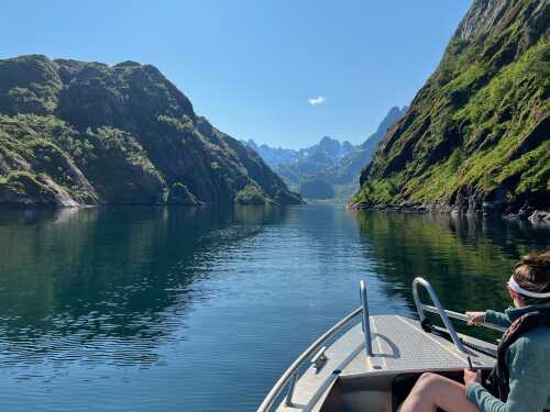 En rib-båt kjører inn i vakre Trollfjorden med passasjerer.